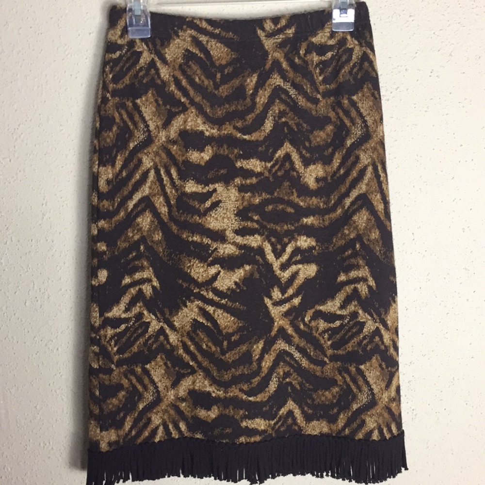 Nina Leonard Animal Fringed Skirt Back Slit @Hem